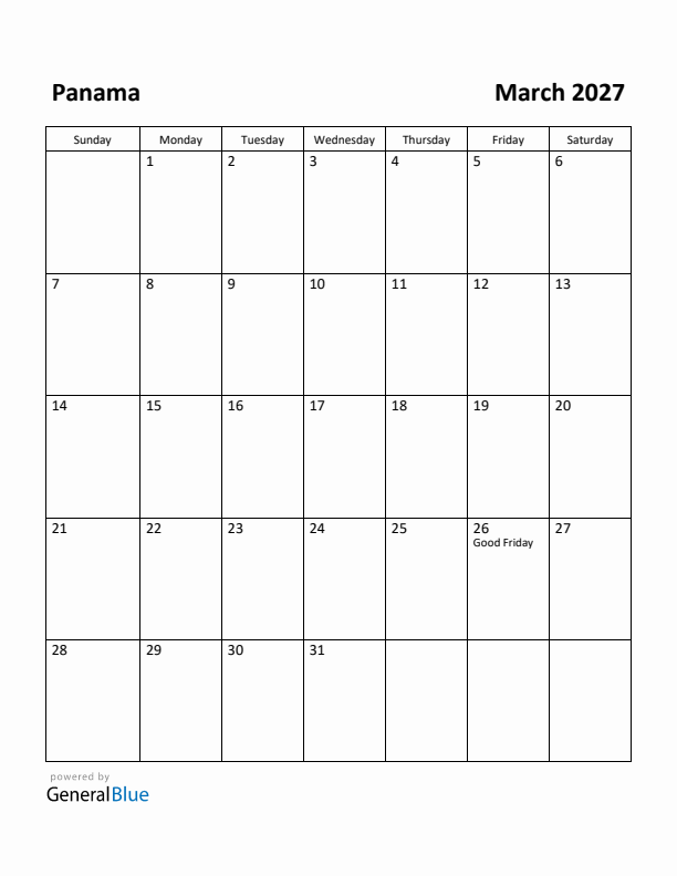 March 2027 Calendar with Panama Holidays