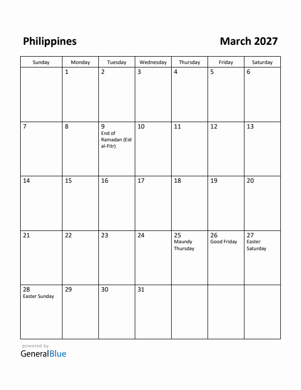 March 2027 Calendar with Philippines Holidays