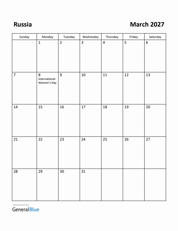 March 2027 Calendar with Russia Holidays