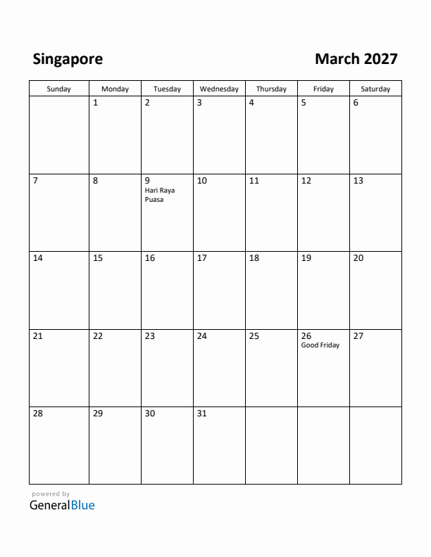 March 2027 Calendar with Singapore Holidays