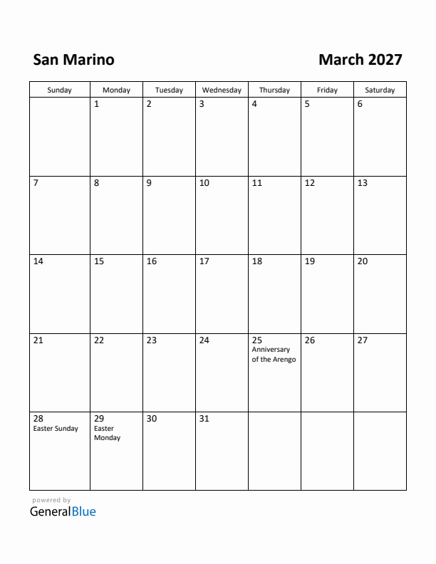 March 2027 Calendar with San Marino Holidays