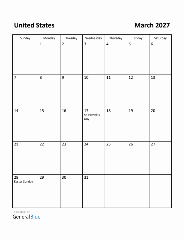 March 2027 Calendar with United States Holidays