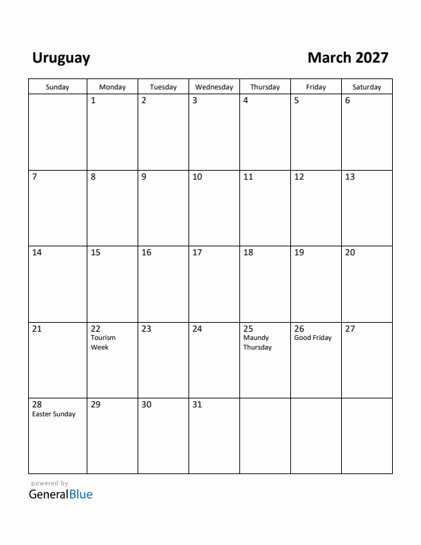 March 2027 Calendar with Uruguay Holidays