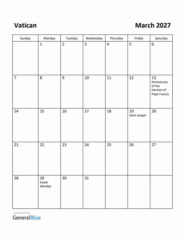 March 2027 Calendar with Vatican Holidays