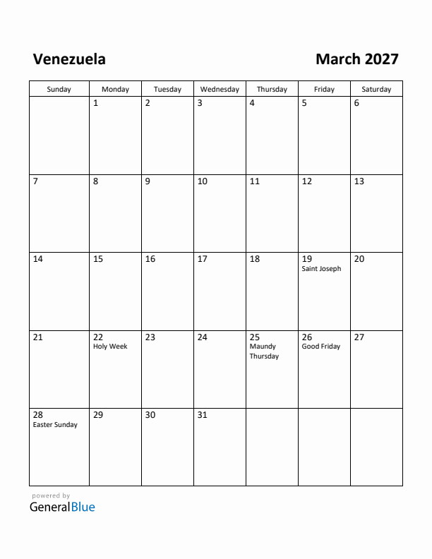 March 2027 Calendar with Venezuela Holidays