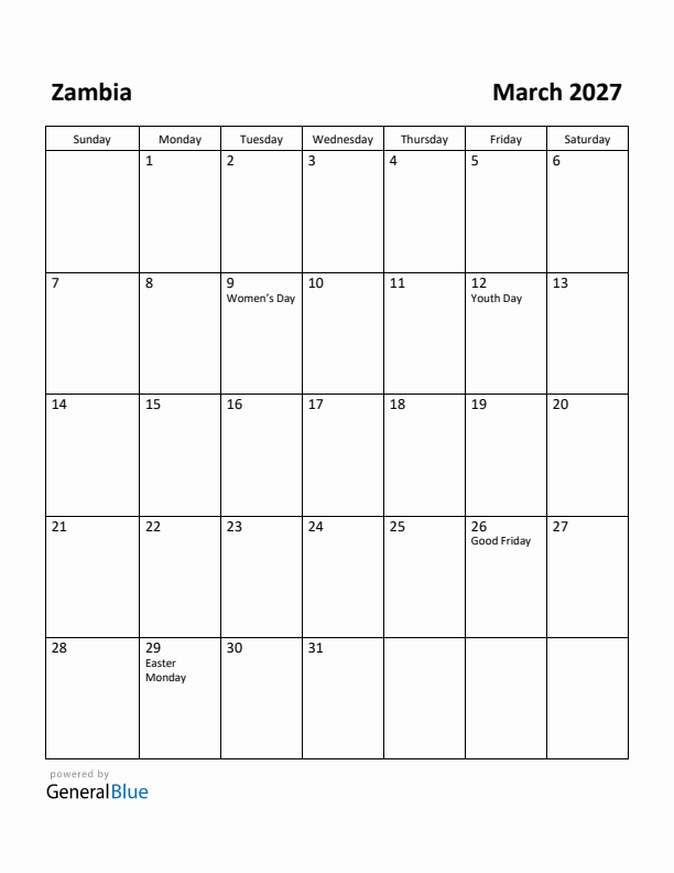 March 2027 Calendar with Zambia Holidays