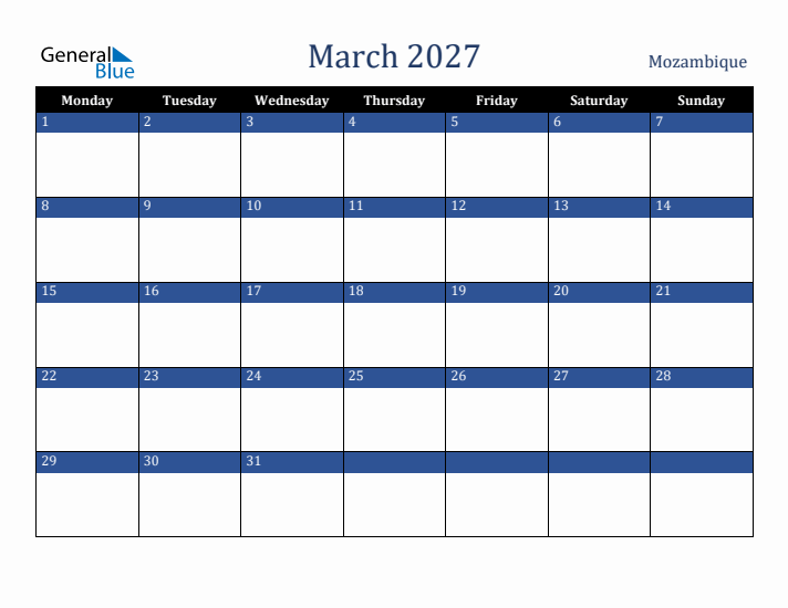 March 2027 Mozambique Calendar (Monday Start)