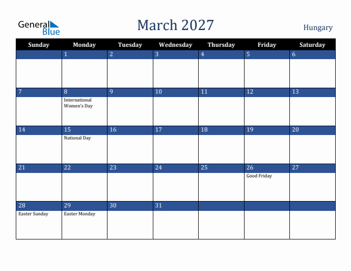 March 2027 Hungary Calendar (Sunday Start)