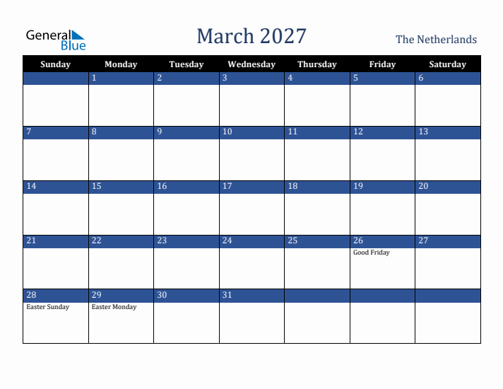 March 2027 The Netherlands Calendar (Sunday Start)