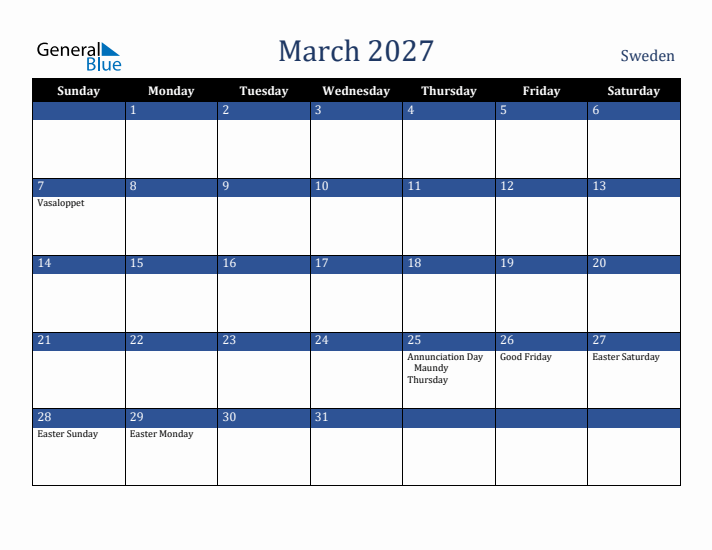 March 2027 Sweden Calendar (Sunday Start)