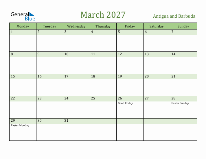 March 2027 Calendar with Antigua and Barbuda Holidays