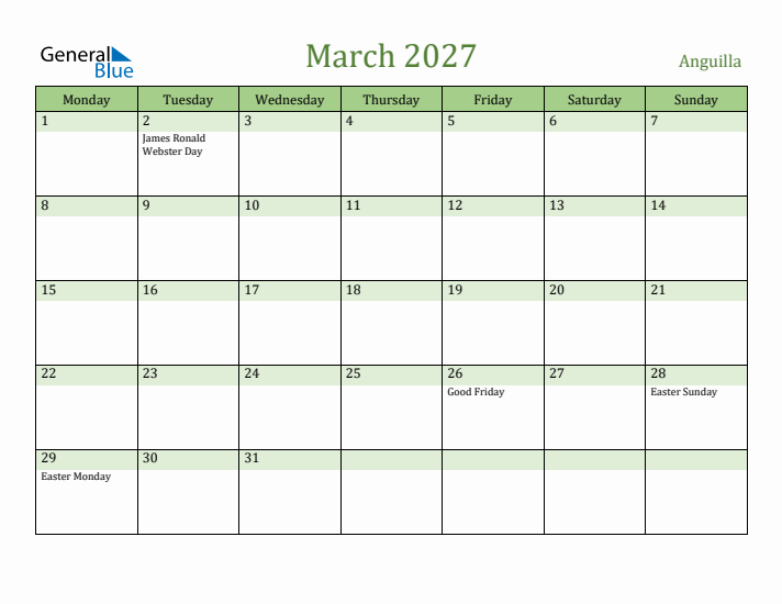 March 2027 Calendar with Anguilla Holidays