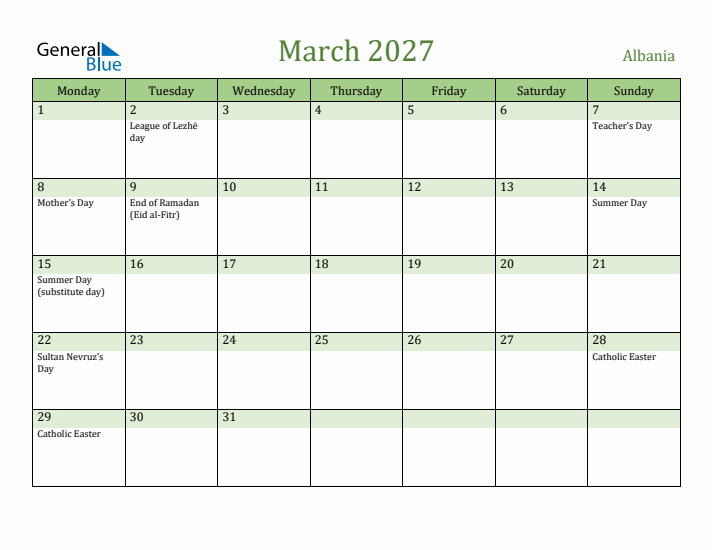 March 2027 Calendar with Albania Holidays