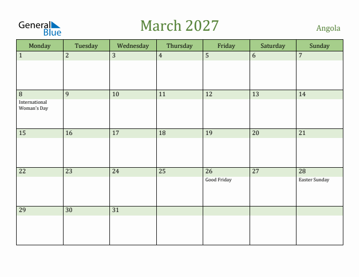 March 2027 Calendar with Angola Holidays