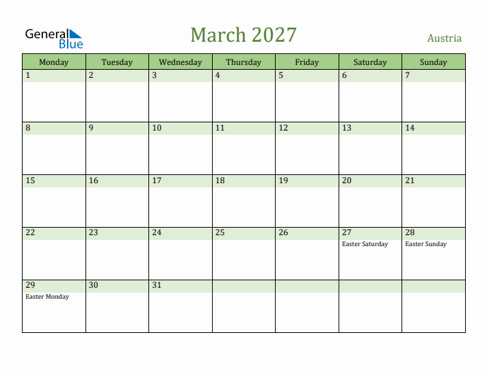 March 2027 Calendar with Austria Holidays