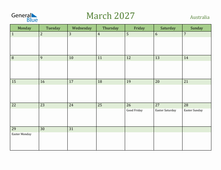 March 2027 Calendar with Australia Holidays