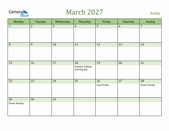 March 2027 Calendar with Aruba Holidays