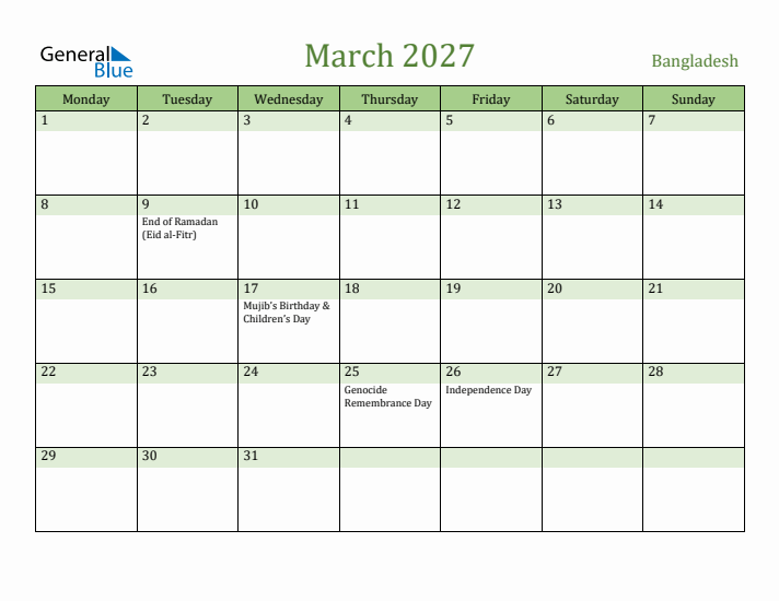 March 2027 Calendar with Bangladesh Holidays