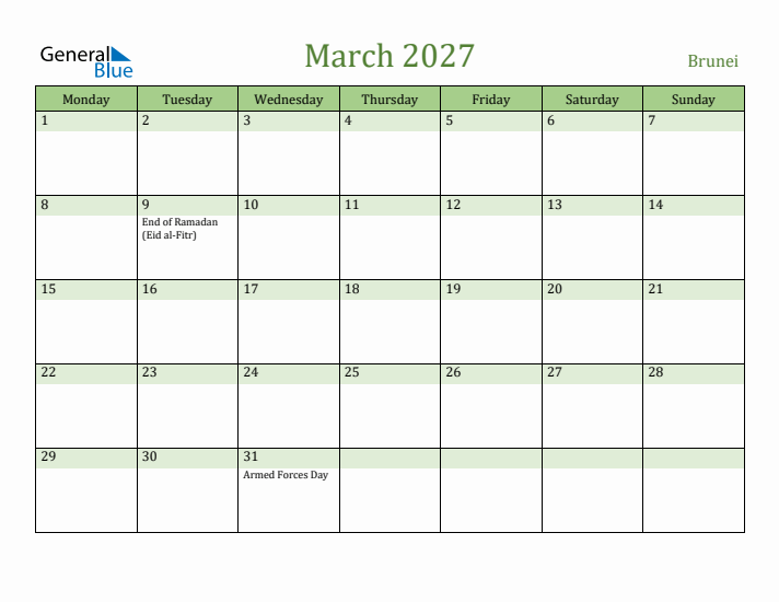 March 2027 Calendar with Brunei Holidays