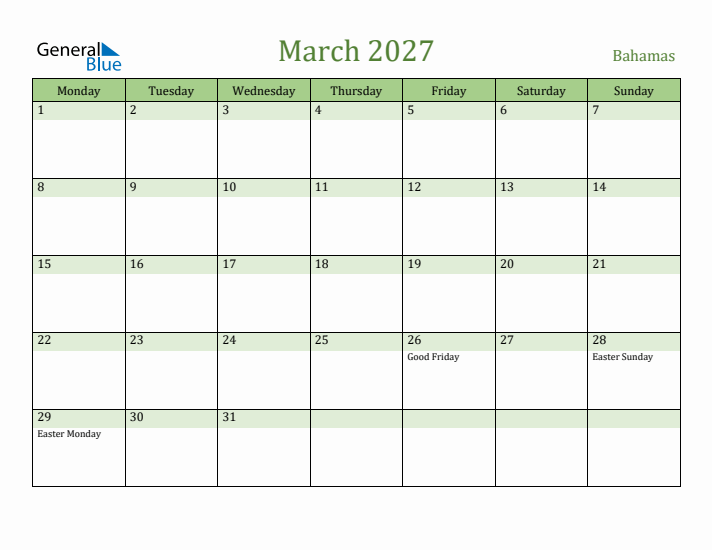 March 2027 Calendar with Bahamas Holidays