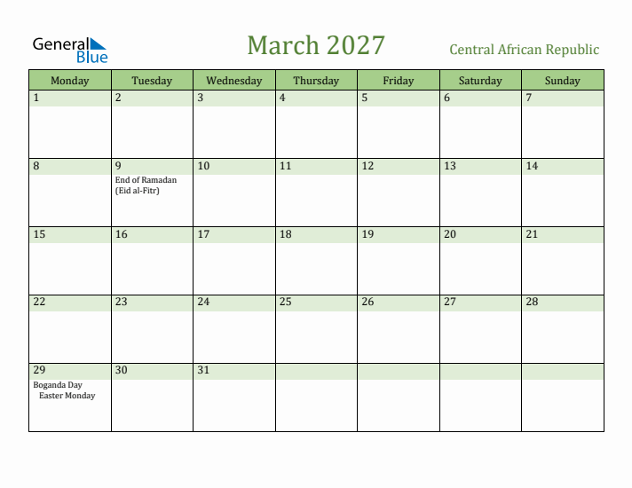 March 2027 Calendar with Central African Republic Holidays