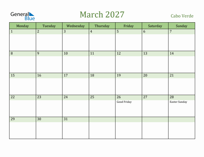 March 2027 Calendar with Cabo Verde Holidays