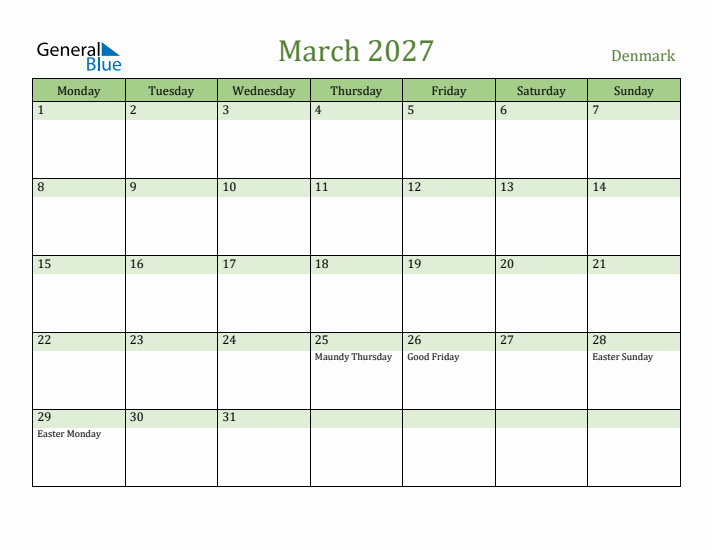 March 2027 Calendar with Denmark Holidays