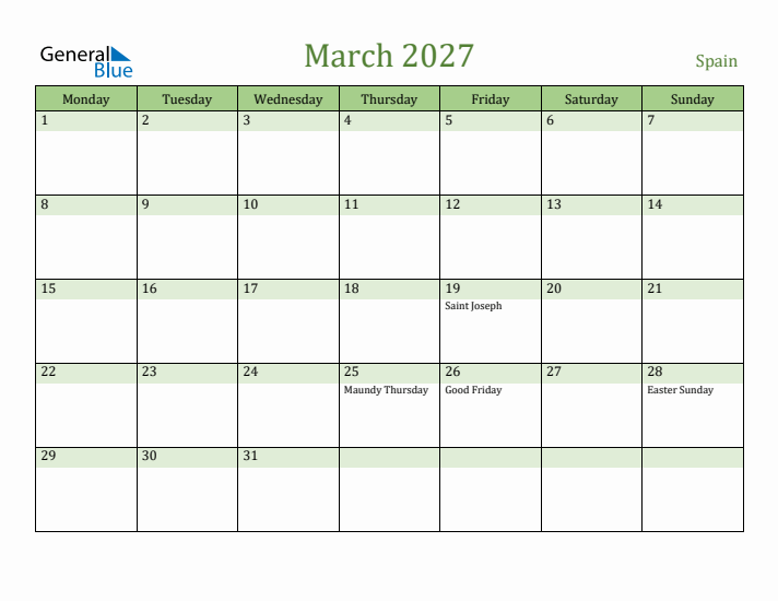 March 2027 Calendar with Spain Holidays