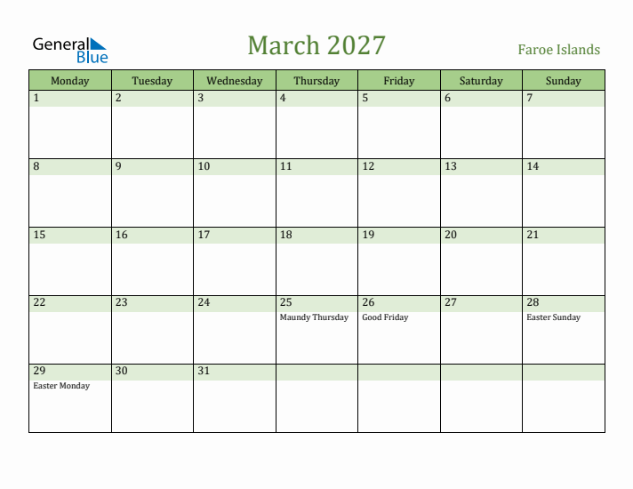 March 2027 Calendar with Faroe Islands Holidays