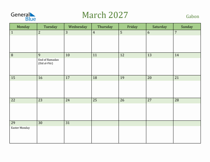 March 2027 Calendar with Gabon Holidays