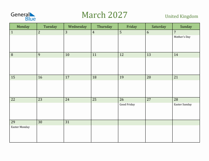 March 2027 Calendar with United Kingdom Holidays