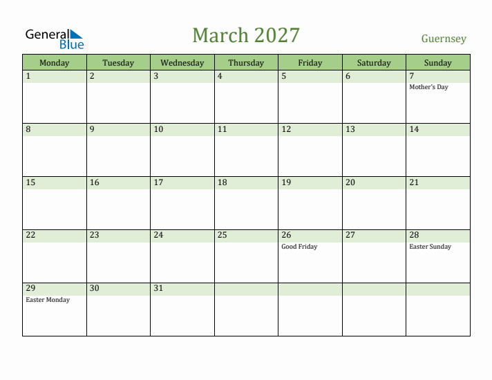 March 2027 Calendar with Guernsey Holidays