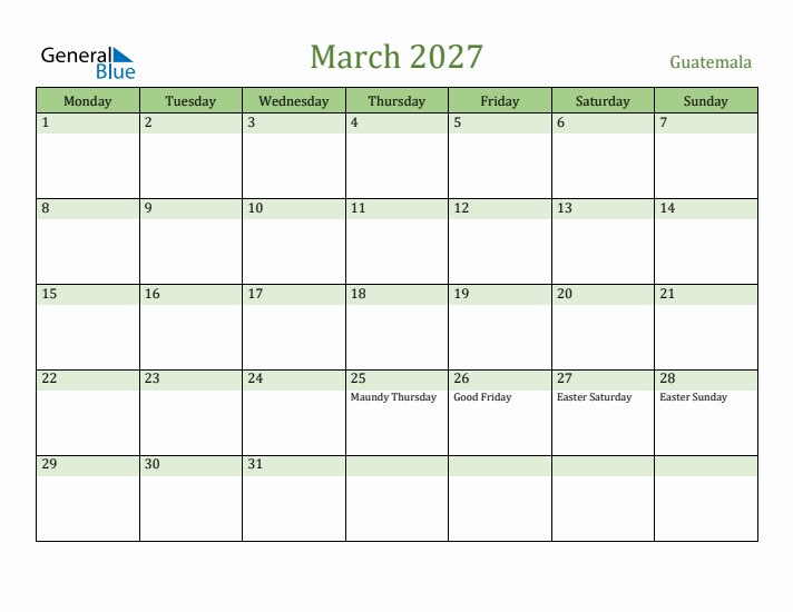 March 2027 Calendar with Guatemala Holidays