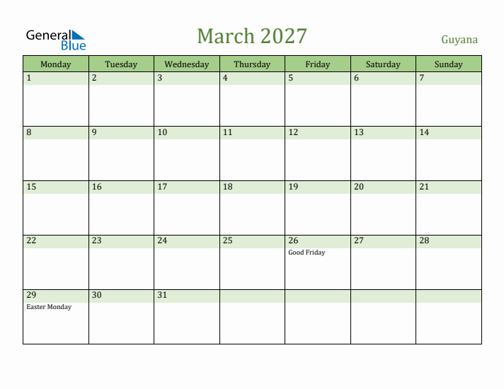 March 2027 Calendar with Guyana Holidays