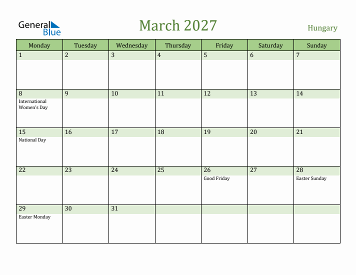 March 2027 Calendar with Hungary Holidays