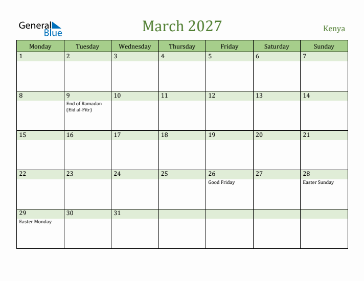 March 2027 Calendar with Kenya Holidays