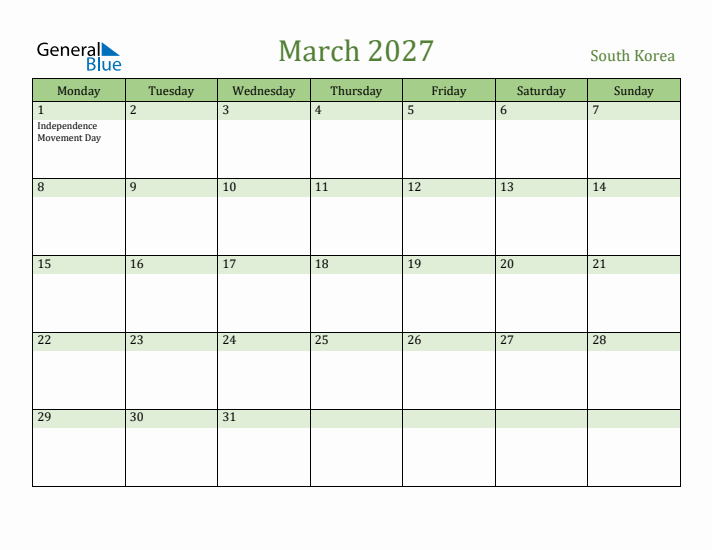 March 2027 Calendar with South Korea Holidays