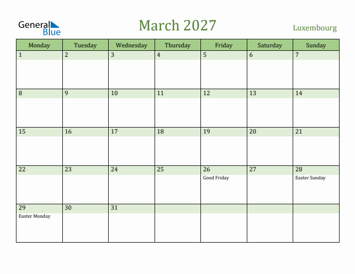 March 2027 Calendar with Luxembourg Holidays