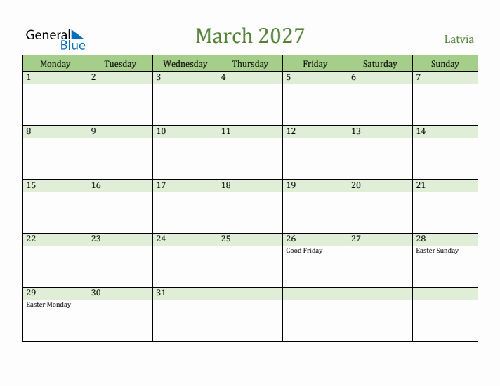 March 2027 Calendar with Latvia Holidays