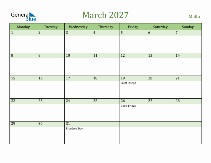 March 2027 Calendar with Malta Holidays