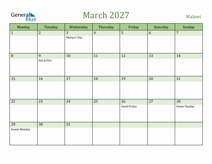 March 2027 Calendar with Malawi Holidays