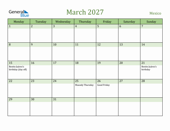 March 2027 Calendar with Mexico Holidays