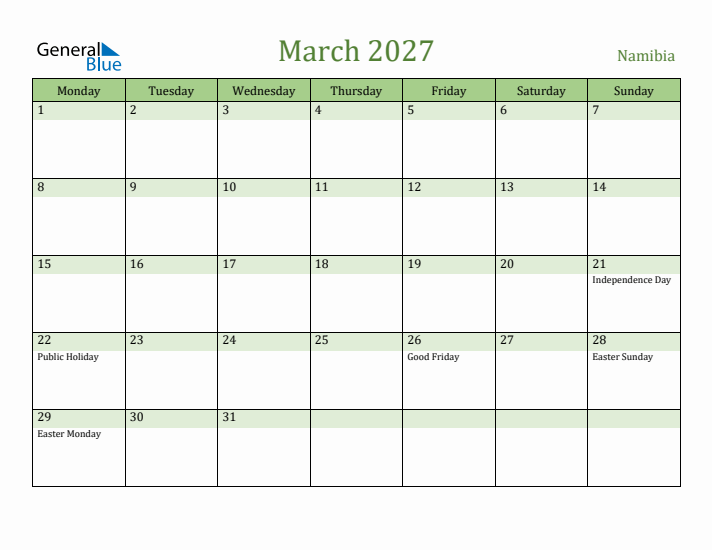 March 2027 Calendar with Namibia Holidays