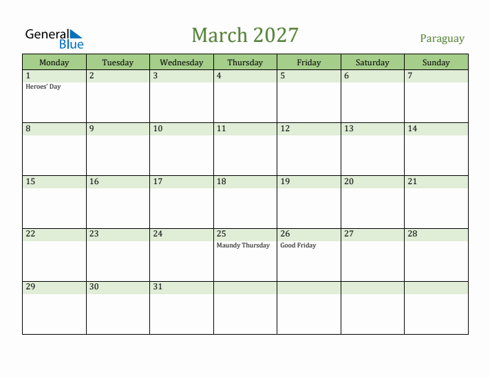 March 2027 Calendar with Paraguay Holidays