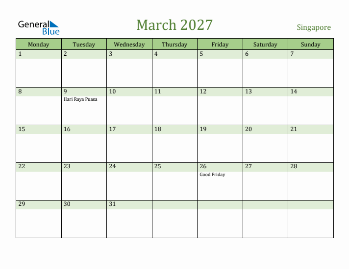 March 2027 Calendar with Singapore Holidays