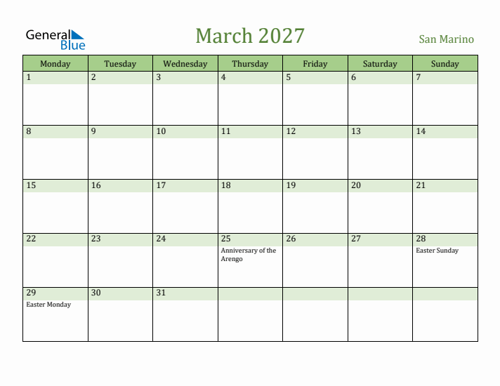 March 2027 Calendar with San Marino Holidays