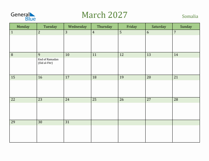 March 2027 Calendar with Somalia Holidays