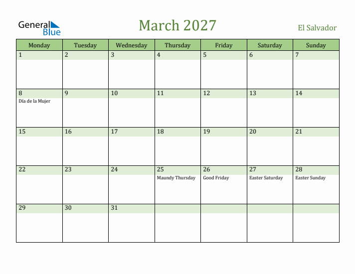 March 2027 Calendar with El Salvador Holidays