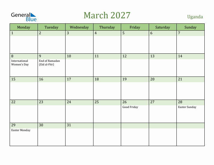 March 2027 Calendar with Uganda Holidays