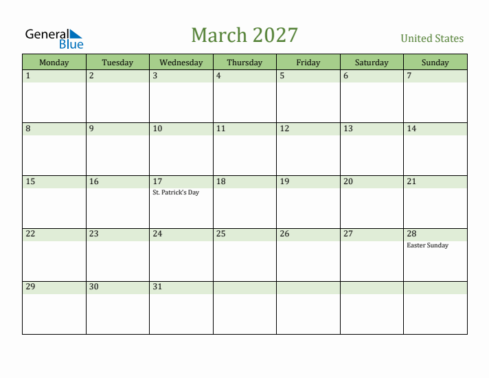 March 2027 Calendar with United States Holidays